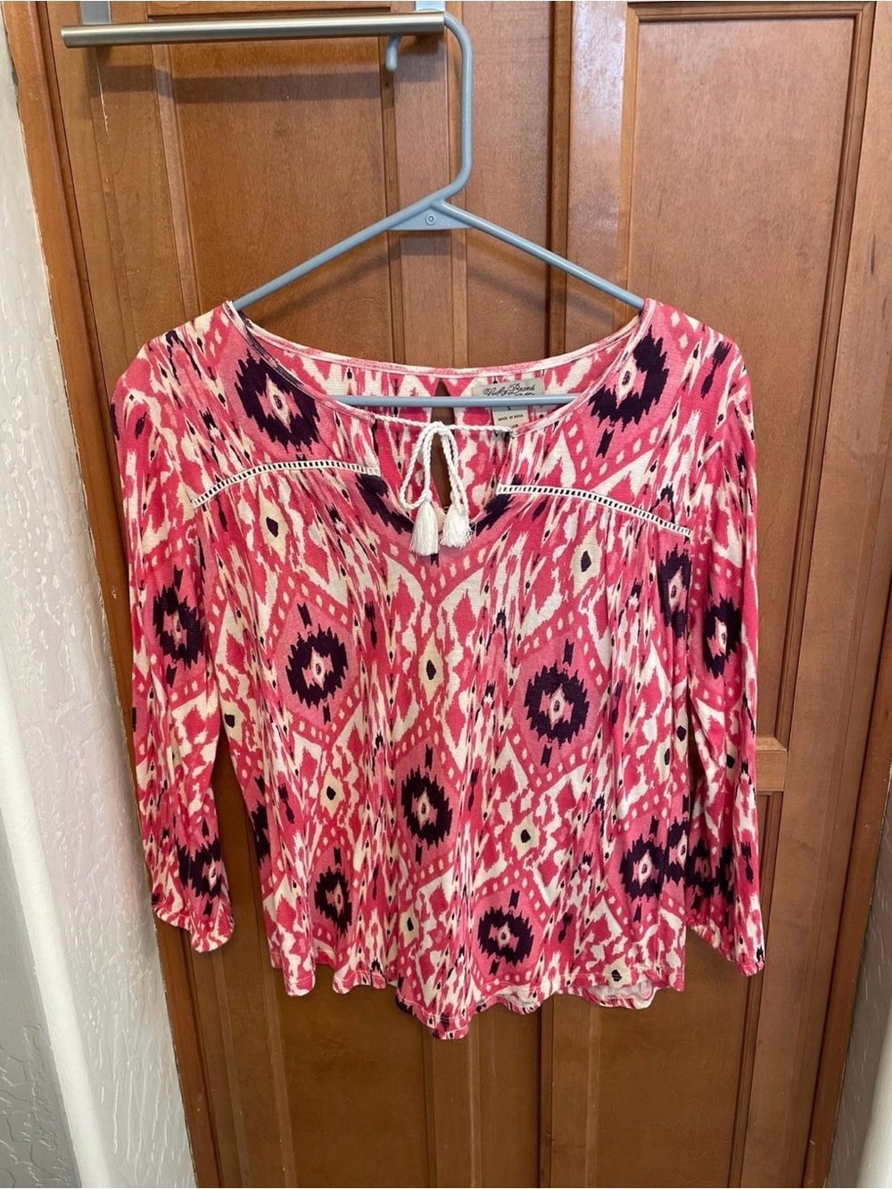 Lucky Brand Pink Geometric Print Long Sleeve Peasant Top